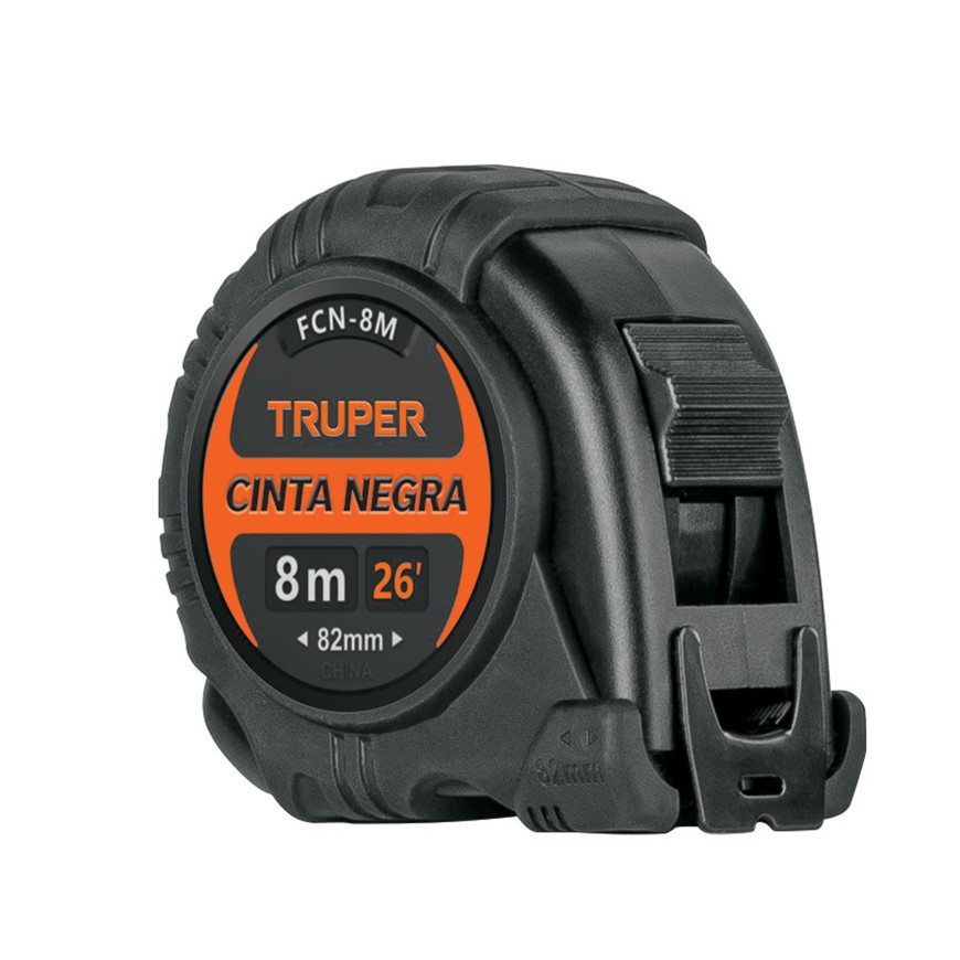 Cinta Métrica 8m Truper FCN-8M - Dismaco Cinta métrica flexómetro de 8 metros Truper FCN-8M cinta negra 25mm ancho contra impactos venta en Dismaco