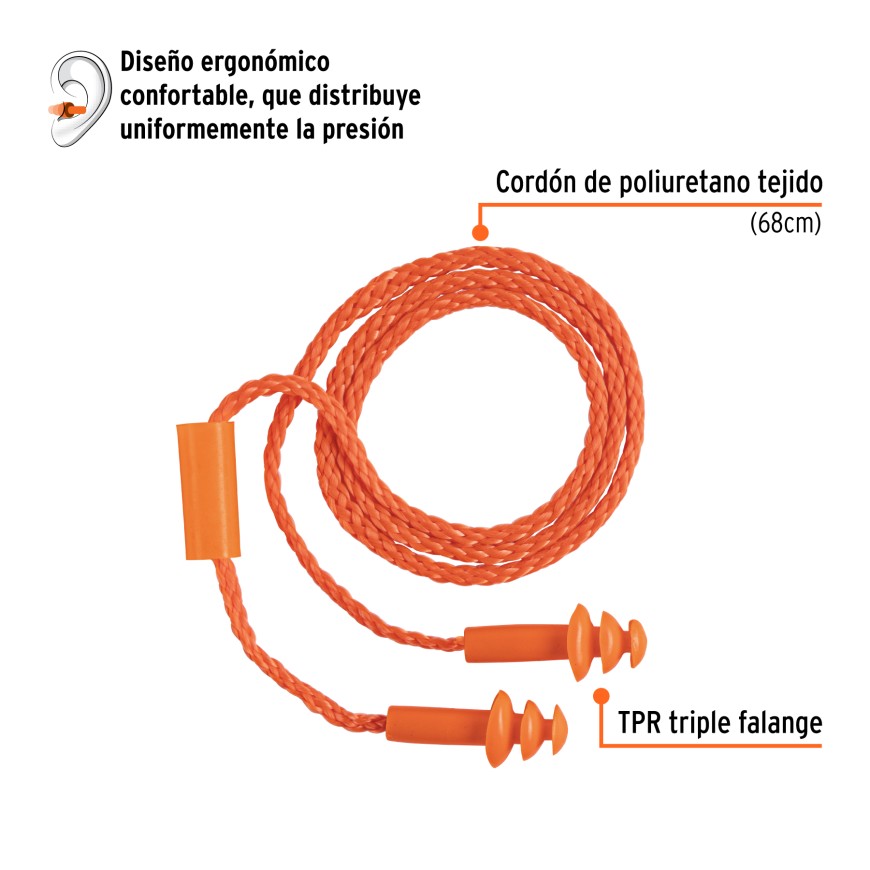 Tapón auditivo desechable de espuma de poliuretano con cordón de PVC flexible Truper TAC venta en Dismaco